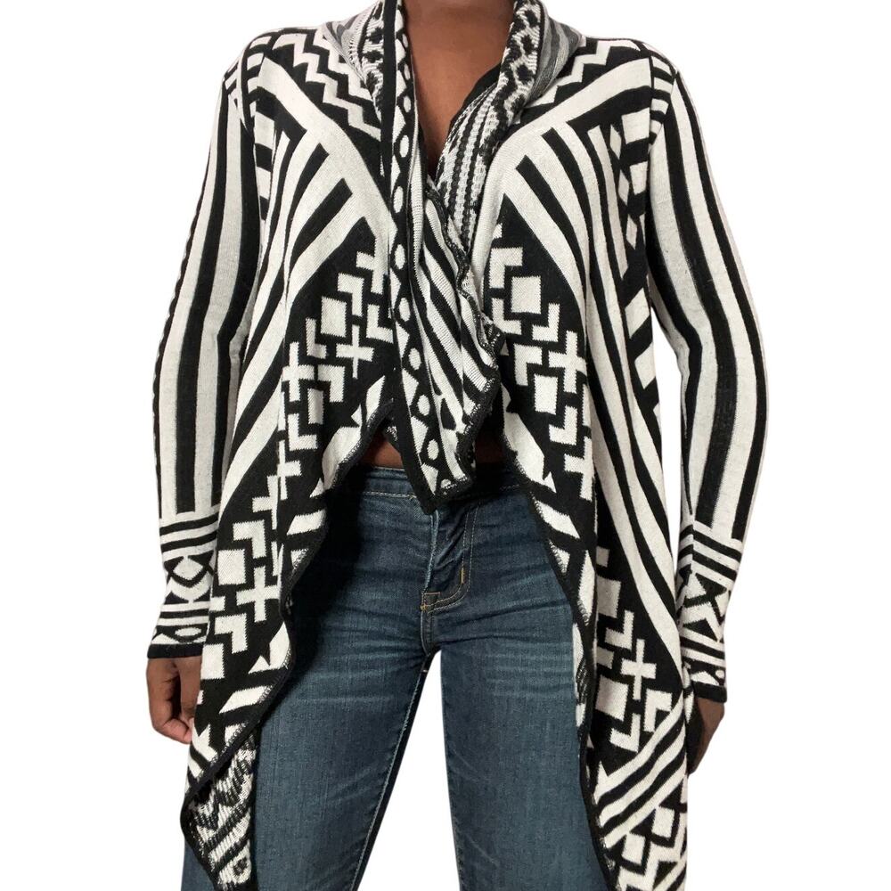 Say What  Black and White Geometric Draped Open Cardigan Sweater, Small